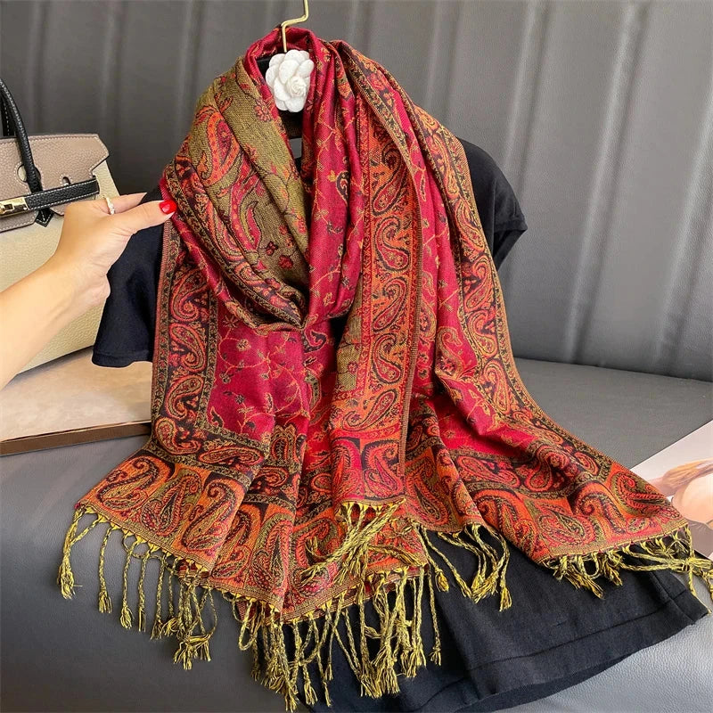 Women National Style Flower Pattern Scarf Jacquard Pashmina Cashmere Tassel Classic Shawl Coldproof Warm Neck Protection
