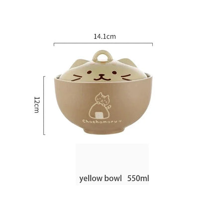 550ml Cartoon Cat Ceramic Instant Noodle Bowl With Lid Underglaze Color Soup Salad Bowl Kitchen Office Student Lunch Box 1pcs - AMULET RING STORE