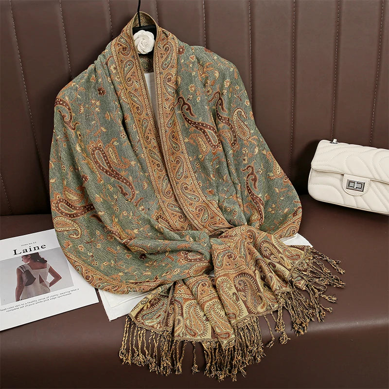Women National Style Flower Pattern Scarf Jacquard Pashmina Cashmere Tassel Classic Shawl Coldproof Warm Neck Protection