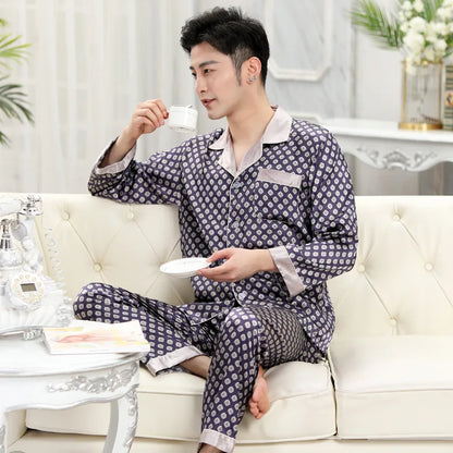 High Quality Pajamas Set Men Spring Autumn Thin Polyester Ice Silk Long-sleeved Sleepwear Plus Size Summer Home Clothes Male