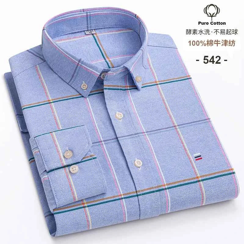 100% Cotton Oxford Men's Shirts Long Sleeves Plaid Soft Regular Fit Formal Dress Shirt Pocket Social Blouse Male Clothes S-7XL