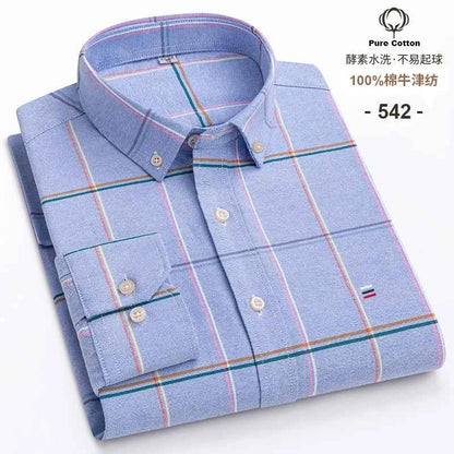 100% Cotton Oxford Men's Shirts Long Sleeves Plaid Soft Regular Fit Formal Dress Shirt Pocket Social Blouse Male Clothes S-7XL
