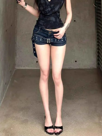 Summer Women Japanese Low Rise Cargo Jean Shorts Y2K 2000s Denim Hot Pants Harajuku Grunge Punk Skinny Gyaru Coquette Kpop Sexy