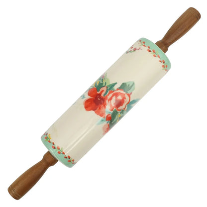 Ceramic Rolling Pin Set with Holder Acacia Wood Handles Floral Design Kitchen Baking Accessories Rustic Style Dough Roller - AMULET RING STORE