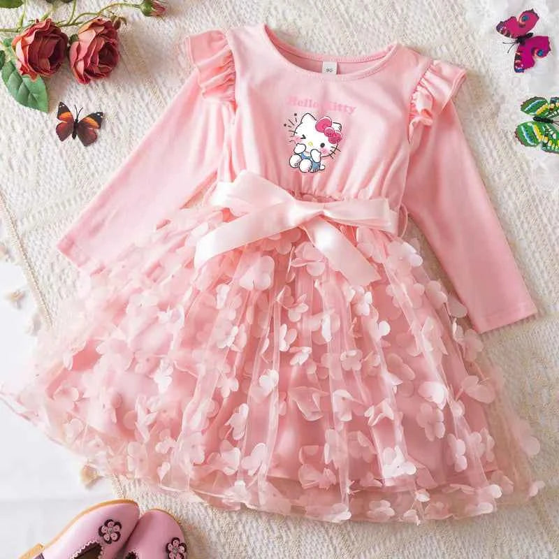 Hello Kitty Autumn Dress for Kid's Casual Clothes 3D Butterfly Cute Long Sleeve Baby Girls Princess Dress Party Dresses 2-6 Yrs