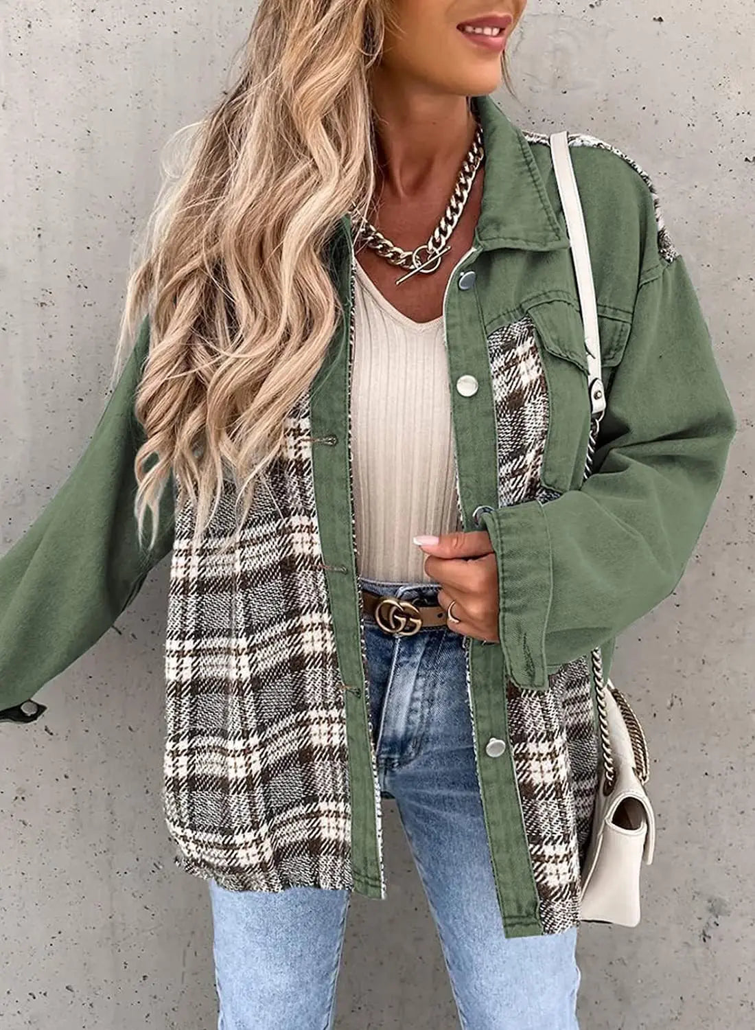 Autumn and Winter Long Sleeved Plaid Color Block Shaking Button Shirt Collar Denim Jacket for Women - AMULET RING STORE