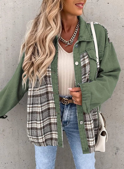 Autumn and Winter Long Sleeved Plaid Color Block Shaking Button Shirt Collar Denim Jacket for Women - AMULET RING STORE