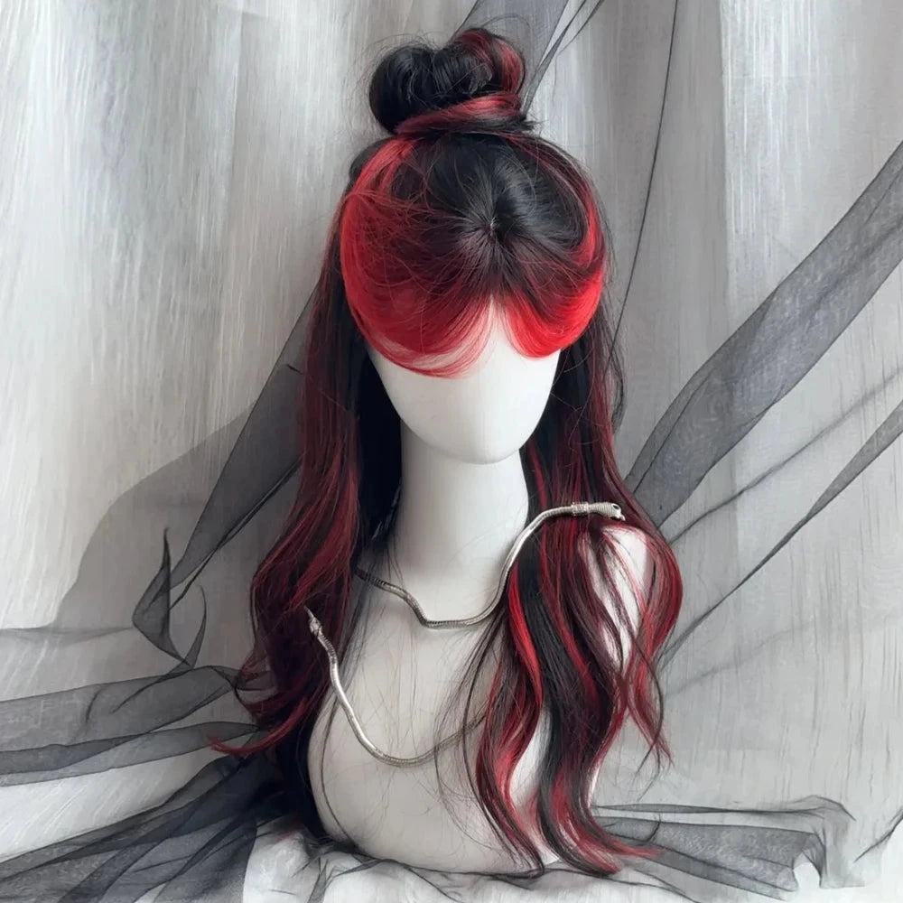 Black Ombre Red Layered Wig Synthetic Long Wavy Women Fluffy Lolita Style Cosplay Wig Middle Part for Daily Party - AMULET RING STORE