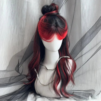 Black Ombre Red Layered Wig Synthetic Long Wavy Women Fluffy Lolita Style Cosplay Wig Middle Part for Daily Party - AMULET RING STORE