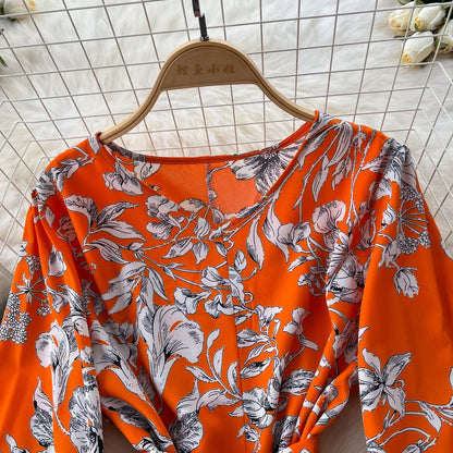 Elegant Boho Floral Print Floral Pleated Maxi Long Dress Female V Neck Puff Sleeve Belt Dresses Women Summer Dress Robe