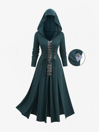 ROSEGAL Plus Size Lace-up Grommets Hooded Lace Trim Split Dress Women Autumn Winter Deep Green Long Sleeves Casual Dresses