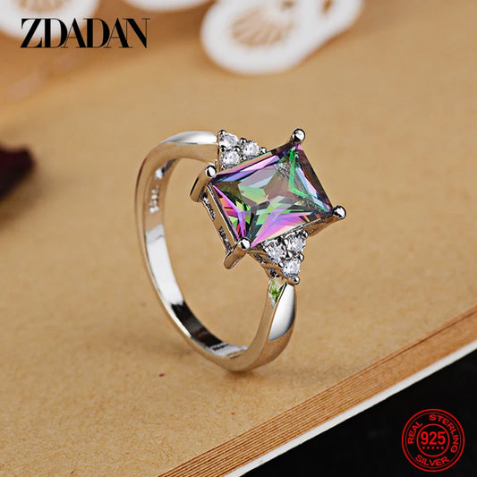 ZDADAN 925 Sterling Silver Square Aquamarine Ring For Women Fashion Wedding Jewelry
