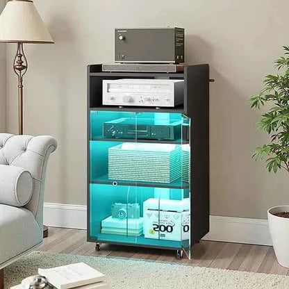 5-Tier Media Cabinet with Charging Station, LED Light, and Glass Door Storage for Audio Stereo Equipment