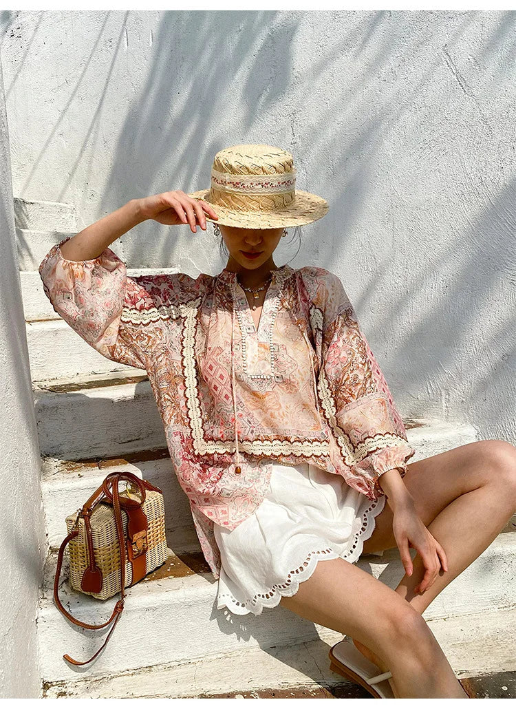 Boho Flrench Chic Floral Blouse Shirt Printed Summer Loose Lace Hollow Out Sexy Ladies Vocation Women Long Sleeve Top Shirts New