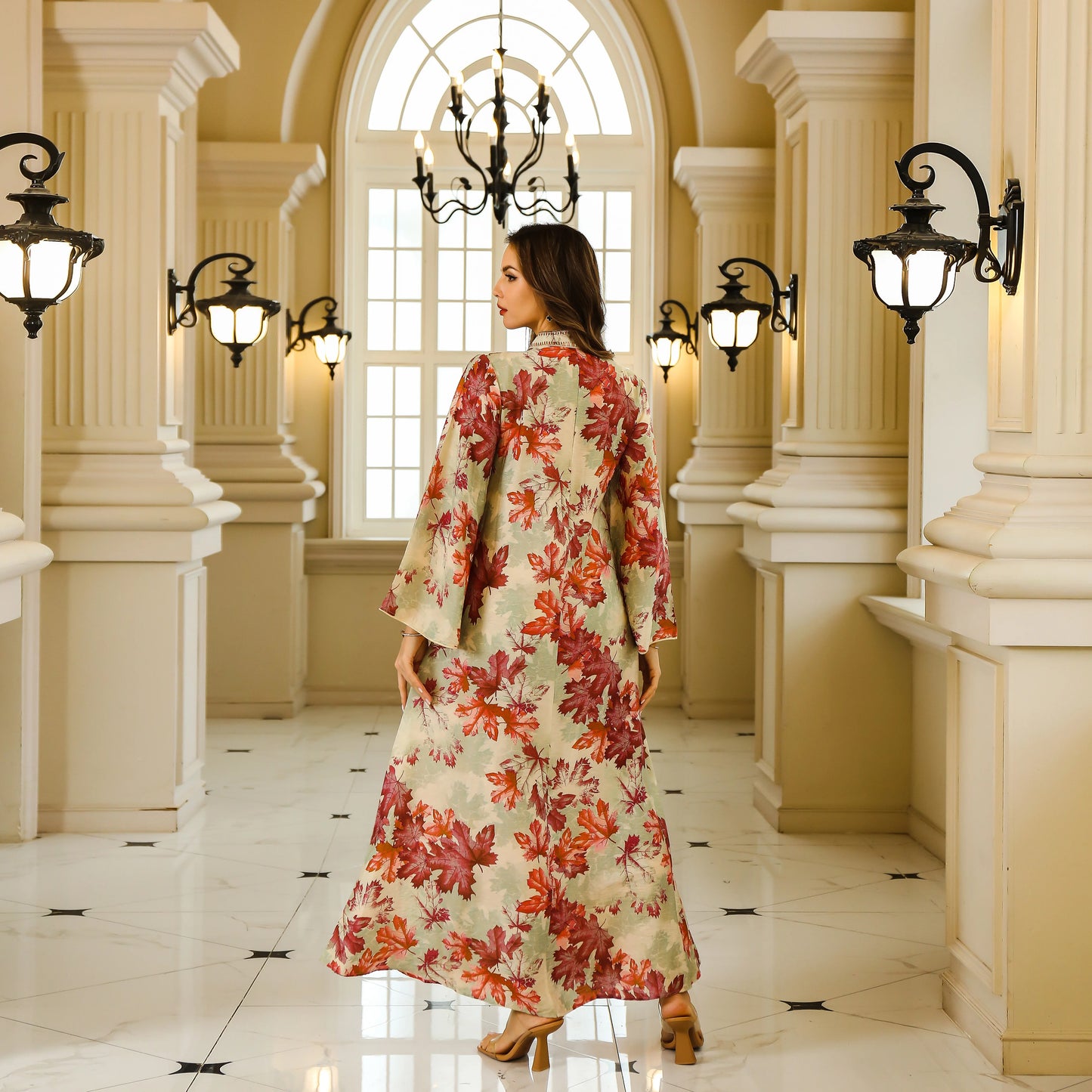 Elegant Middle Eastern Abaya Dress - Long Sleeve Geometric Print Loose Fit Kaftan with Embroidery Detail, Floor-Length Muslim Dr - AMULET RING STORE