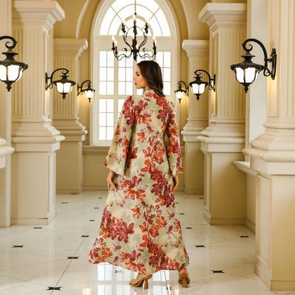 Elegant Middle Eastern Abaya Dress - Long Sleeve Geometric Print Loose Fit Kaftan with Embroidery Detail, Floor-Length Muslim Dr - AMULET RING STORE