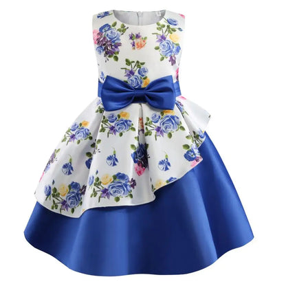 Summer Girls Rose Print Dress Princess Wedding Birthday Party Frocks Satin Children Vestidos Dresses For Girl Christmas Clothing