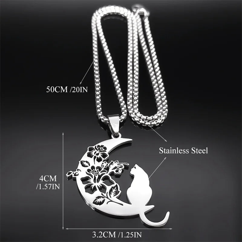 Aesthetic Cat Flower Moon Crescent Necklace for Women Men Stainless Steel Silver Color Bohemia Chain Gift Jewelry collar 3220