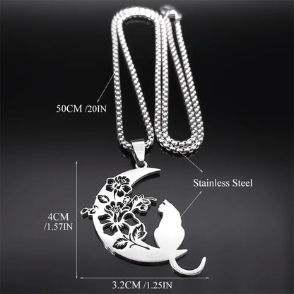 Aesthetic Cat Flower Moon Crescent Necklace for Women Men Stainless Steel Silver Color Bohemia Chain Gift Jewelry collar 3220