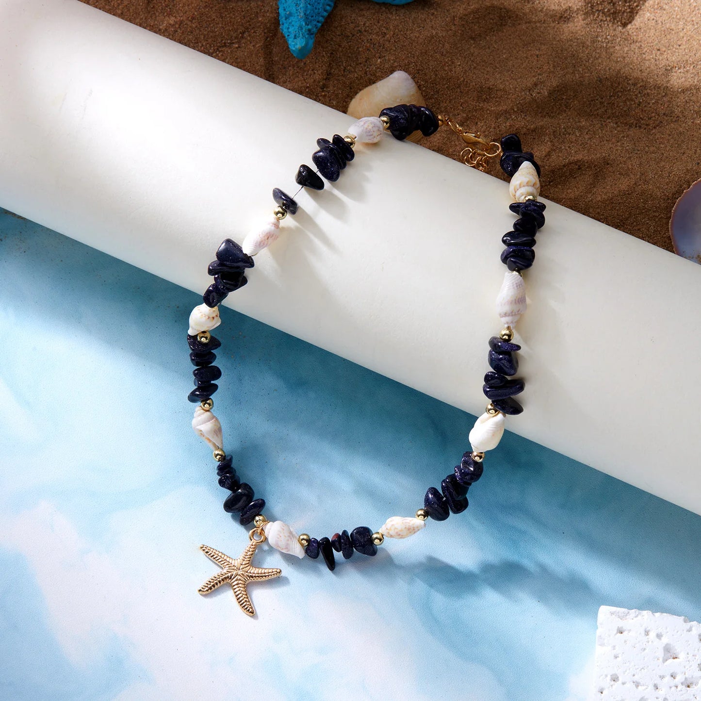 Bohemian Starfish Pendant Bracelet for Women Handmade Crushed Stone Beaded Bracelet Summer Beach Jewelry Travel Accessory Gift