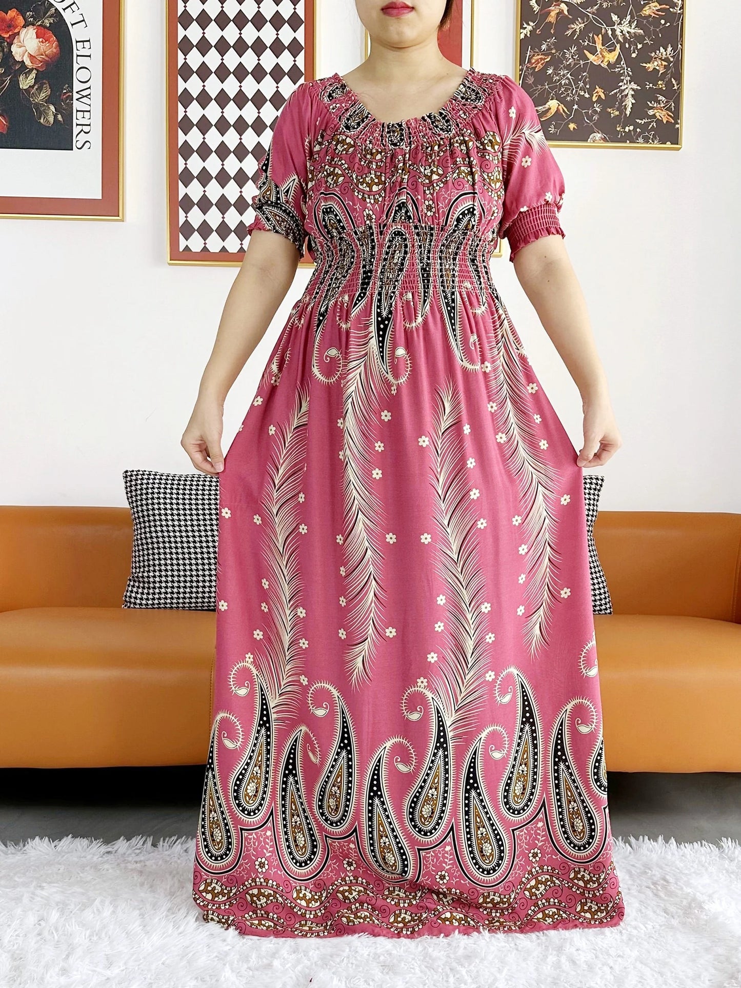 New Summer Women Abaya Short Sleeve Dashiki Floral Collect Waist Loose Maxi Robe Floral Femme Musulmane African Printing Abaya