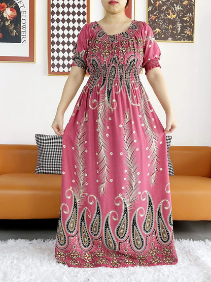 New Summer Women Abaya Short Sleeve Dashiki Floral Collect Waist Loose Maxi Robe Floral Femme Musulmane African Printing Abaya