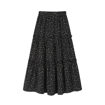 High Waist Vintage Floral Printed Women's Umbrella Skirts 2025 New Spring Autumn Black Casual Loose Straight A-line Skirt Female