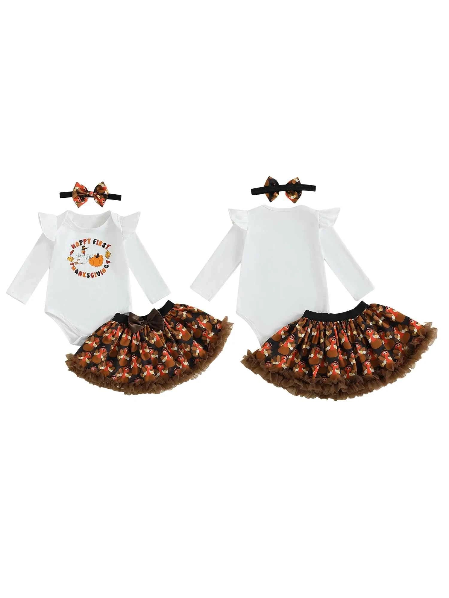 Adorable Baby Girls 3-Piece Thanksgiving Ensemble with Long Sleeve Romper Mini Skirt and Headband - Fall Fashion Set