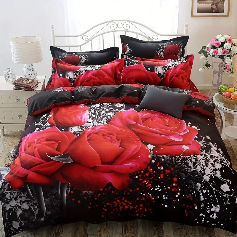 2/3pcs Duvet Cover Set, Red Rose Print Bedding Set, Soft Comfortable Duvet Cover, (1*Duvet Cover + 1/2*Pillowcase, Without Core) - AMULET RING STORE