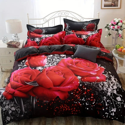 2/3pcs Duvet Cover Set, Red Rose Print Bedding Set, Soft Comfortable Duvet Cover, (1*Duvet Cover + 1/2*Pillowcase, Without Core) - AMULET RING STORE