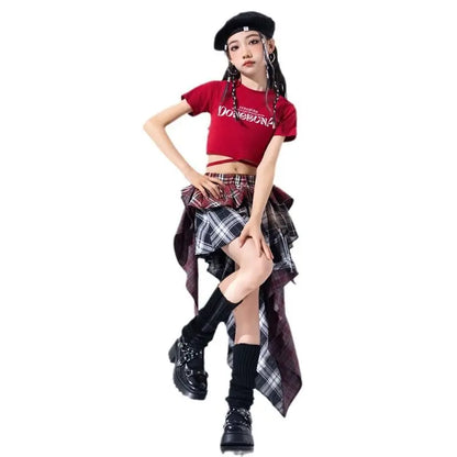 Hip Hop Girls Crop Top Plaid Street Dance Skirt Kids Ribbon Pleated Skirts Teens Jazz Cool Costumes Child Streetwear Clothes Set