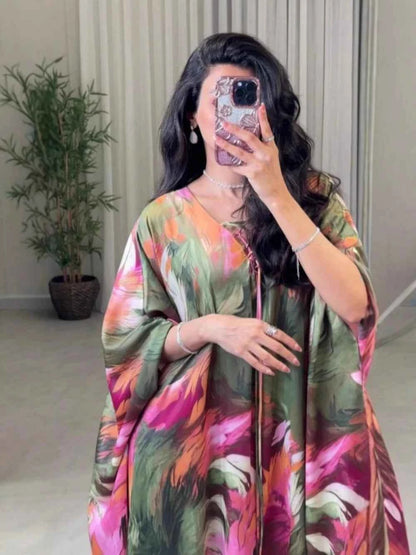 Dubai Printing Kaftan Plus Size Evening Dress Casual Exclusive V Neck On Sale Prom Gown Women New Arrival Date the Middle East