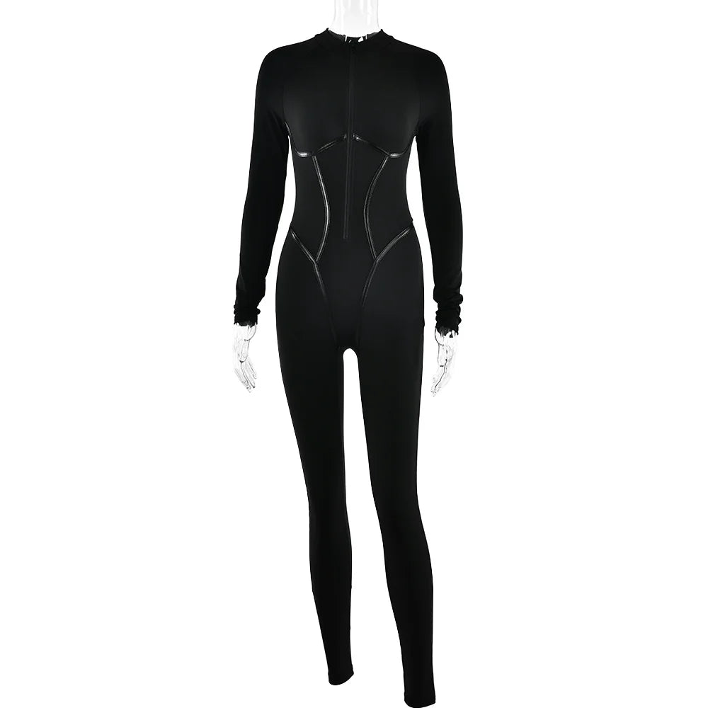 Articat Sexy Zipper Women Jumpsuit Long Sleeve Bandage Tights Solid Jumpsuits Female Party Bodycon Stretch Sporty & Leisure - AMULET RING STORE
