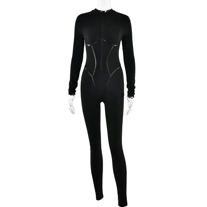 Articat Sexy Zipper Women Jumpsuit Long Sleeve Bandage Tights Solid Jumpsuits Female Party Bodycon Stretch Sporty & Leisure - AMULET RING STORE