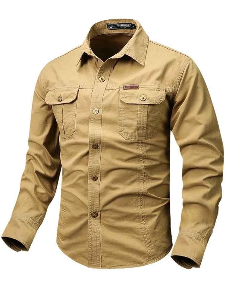 Retro Cargo style Men's Long Sleeve Shirt With Pocket Design, Men'sCasual Button Up Shirt For Spring Fall Qutdoo