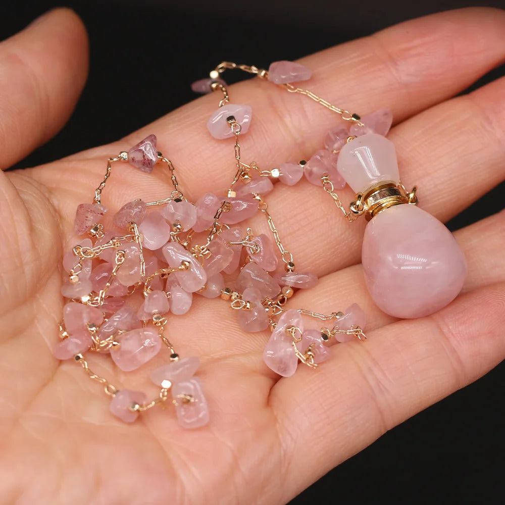 Natural Stone Rose Quartz Perfume Bottle Essential Oil Diffuser Reiki Healing Exquisite Necklace Jewelry Gift - AMULET RING STORE