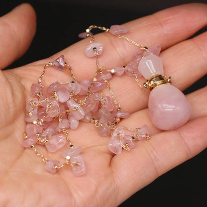 Natural Stone Rose Quartz Perfume Bottle Essential Oil Diffuser Reiki Healing Exquisite Necklace Jewelry Gift - AMULET RING STORE