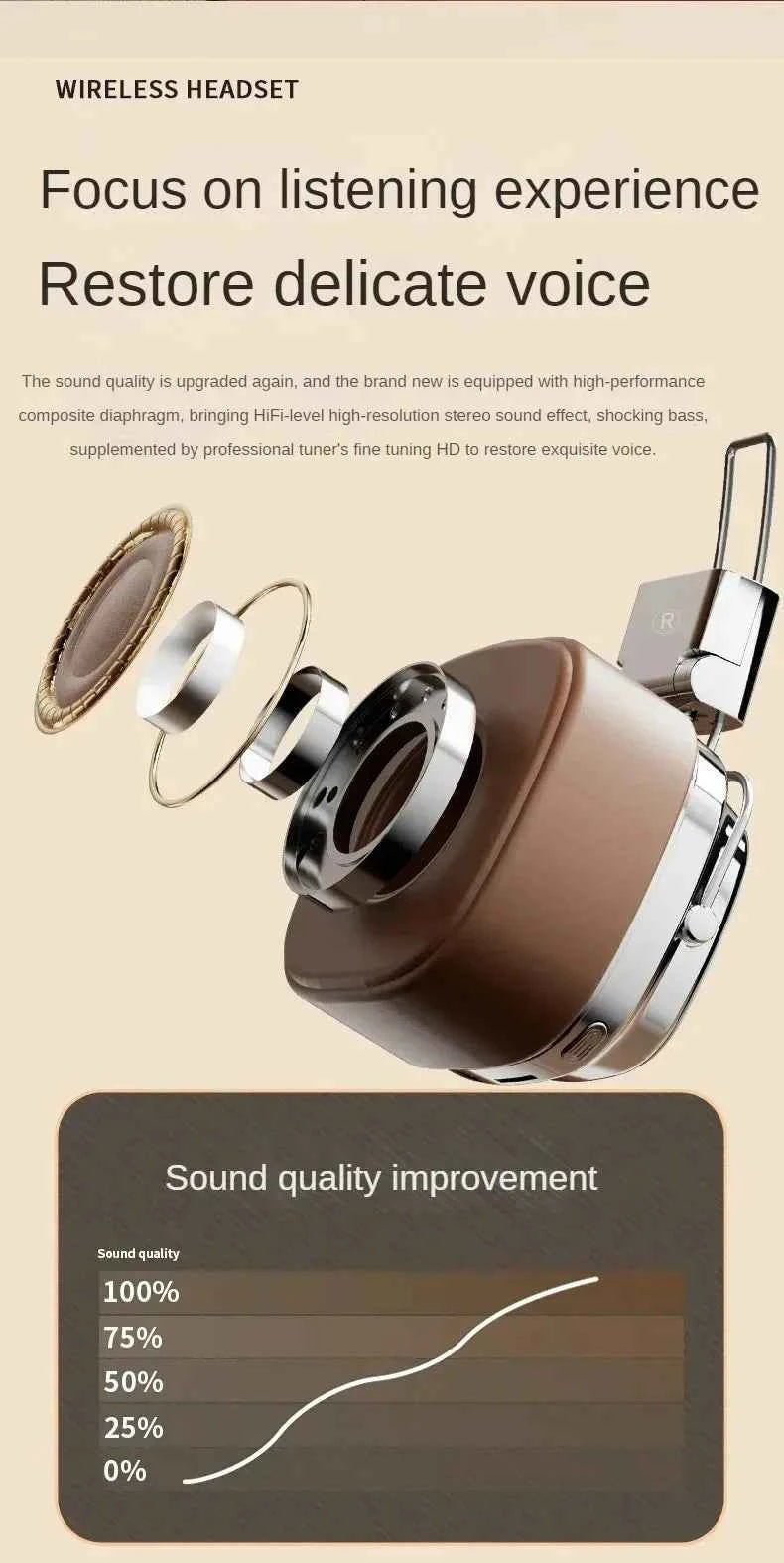 Retro Trendy Wireless Headphone Bluetooth 5.3 Long Battery Life Stereo Music Sport Foldable OverEar Headset with Noise Reduction