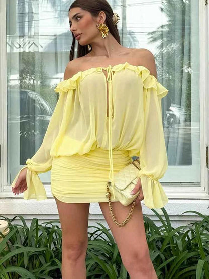 Sisterlinda Ruched Elegant Dress Women Sexy Hollow Ruffles Shirring Slash Neck Backless Puff Sleeve Street Fashion Mini Bodycon