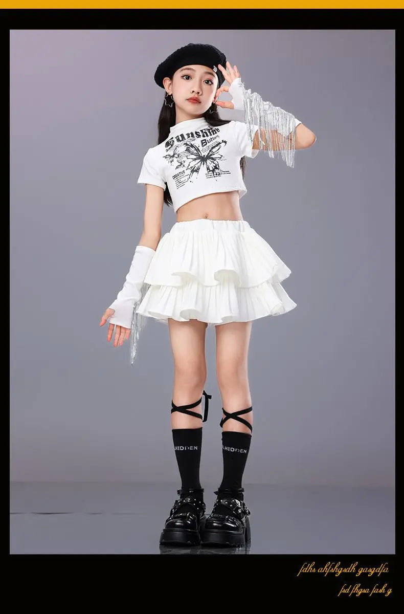 Hip Hop Girls Crop Top Plaid Street Dance Skirt Kids Ribbon Pleated Skirts Teens Jazz Cool Costumes Child Streetwear Clothes Set
