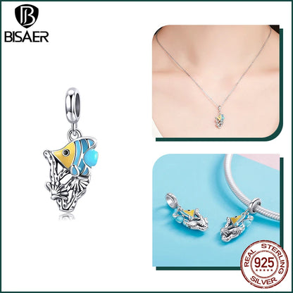 BISAER 925 Sterling Silver Charm Ocean Style Fish Dolphin Mermaid Shell Blue CZ Bead For Necklace&Bracelet DIY Fine Jewelry Gift - AMULET RING STORE