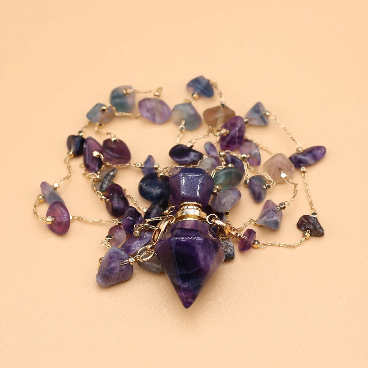 Natural Amethysts Perfume Bottle Necklace Essential Oil Diffuser Amethysts Gravel Stone Chain for Jewerly Party Gift 17x38x13mm - AMULET RING STORE