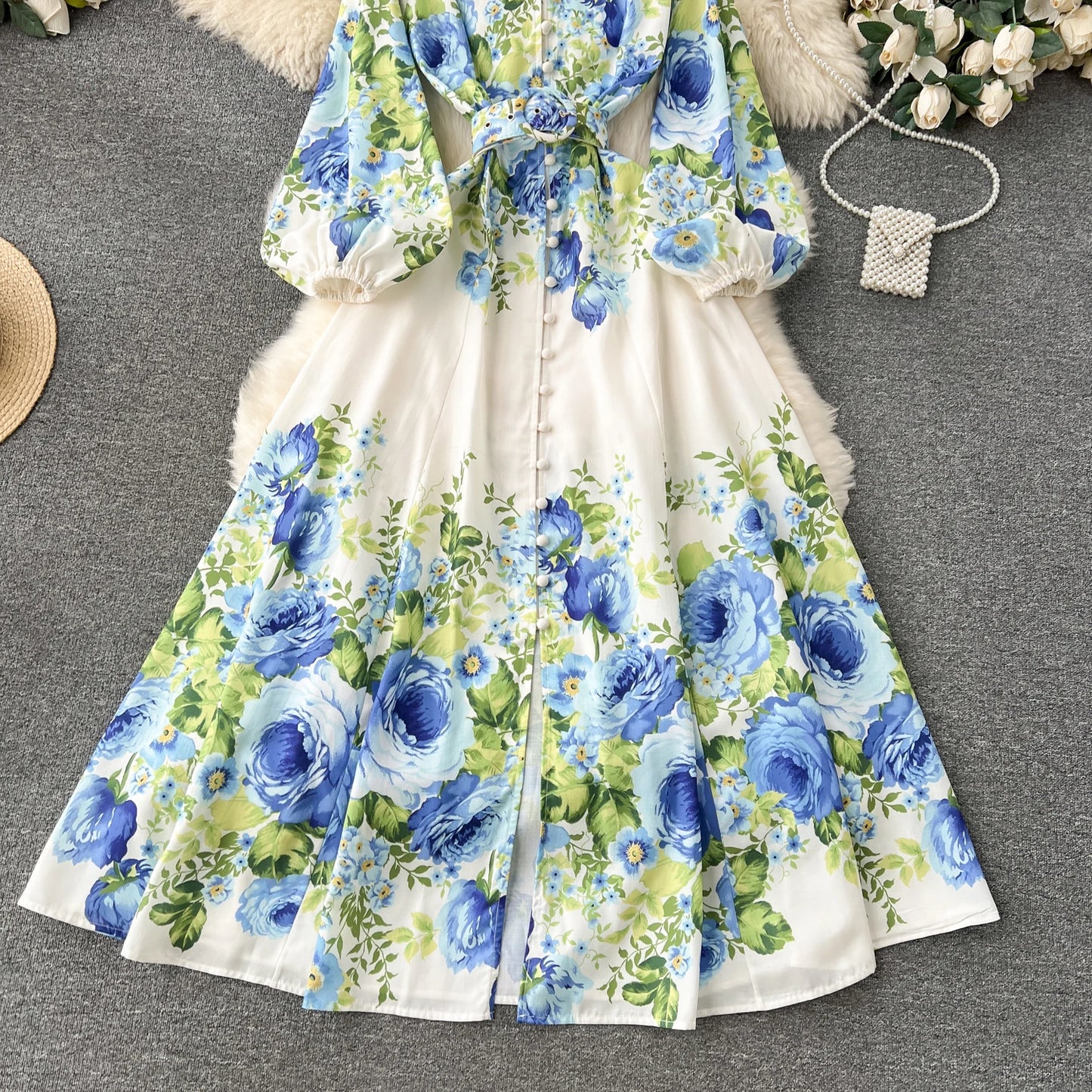 Elegant Gorgeous Floral Bohemian Dress Spring Women Stand Long Lantern Sleeve Floral Print Belt Linen Long Vestidos Clothes 6235