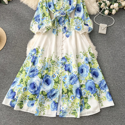 Elegant Gorgeous Floral Bohemian Dress Spring Women Stand Long Lantern Sleeve Floral Print Belt Linen Long Vestidos Clothes 6235