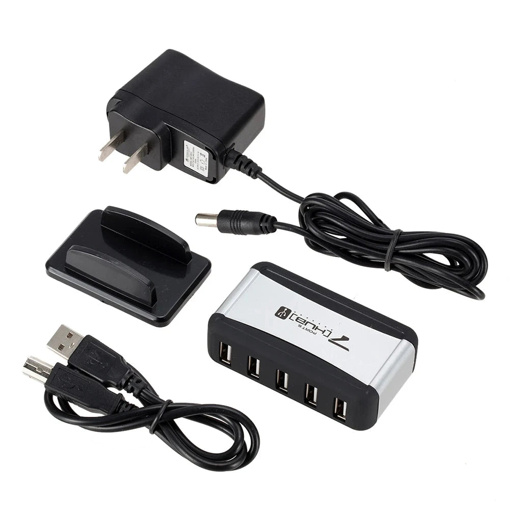 Vertical 7-Port USB 2.0 Hub Multi USB Splitter with Power Adapter PC Accessories