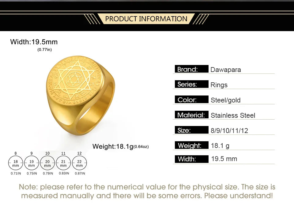 Dawapara Talisman Seal Solomon Ring Hexagram 12 Constellation Kabbalah Prosperity Good Health Amulet Stainless Steel Jewelry - AMULET RING STORE