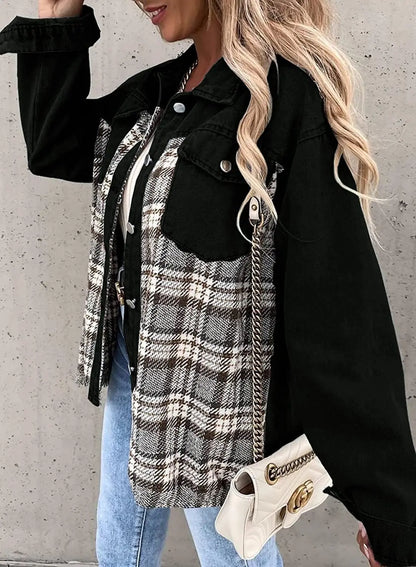 Autumn and Winter Long Sleeved Plaid Color Block Shaking Button Shirt Collar Denim Jacket for Women - AMULET RING STORE