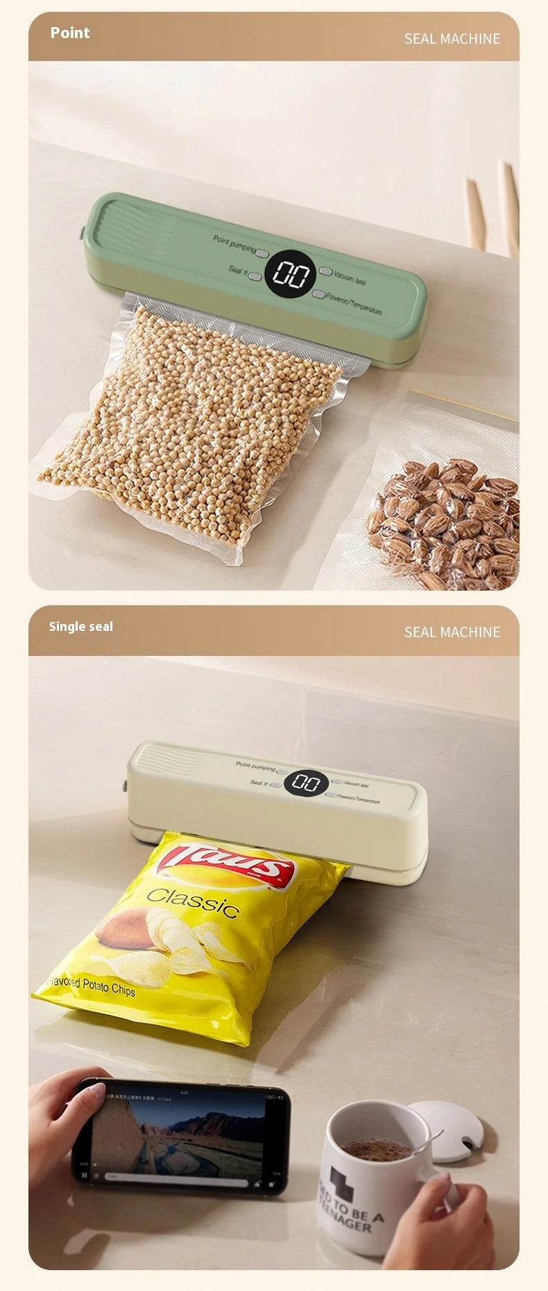 Wireless Vacuum Sealer Machine - 60KPA Powerful Suction, Portable Food Saver with 3 Temperature Levels,External Pumping Function - AMULET RING STORE