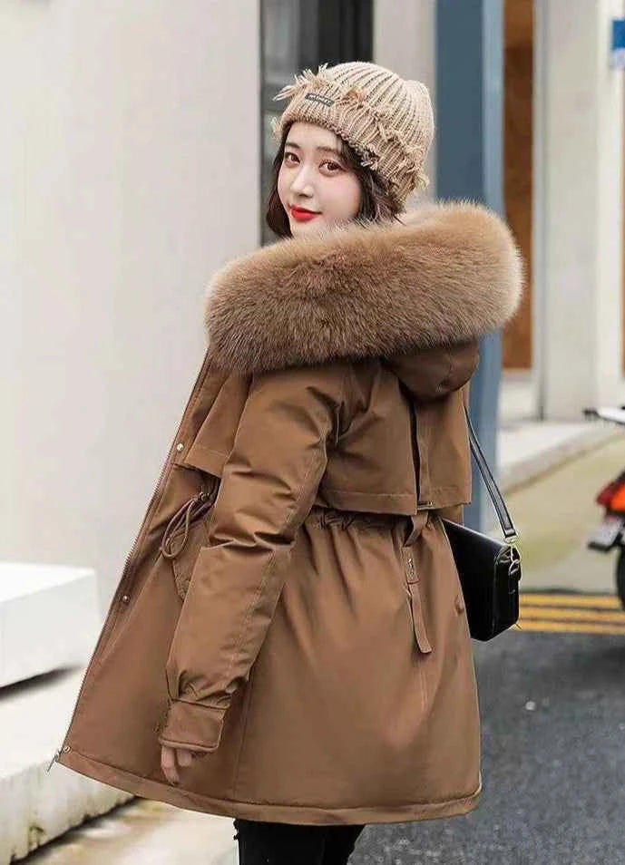 2025 Winter Women's Parka Cotton Padded Coat Korean Style Mid Length Waist Cinching Thickened for Cold Suitable for Short Girls