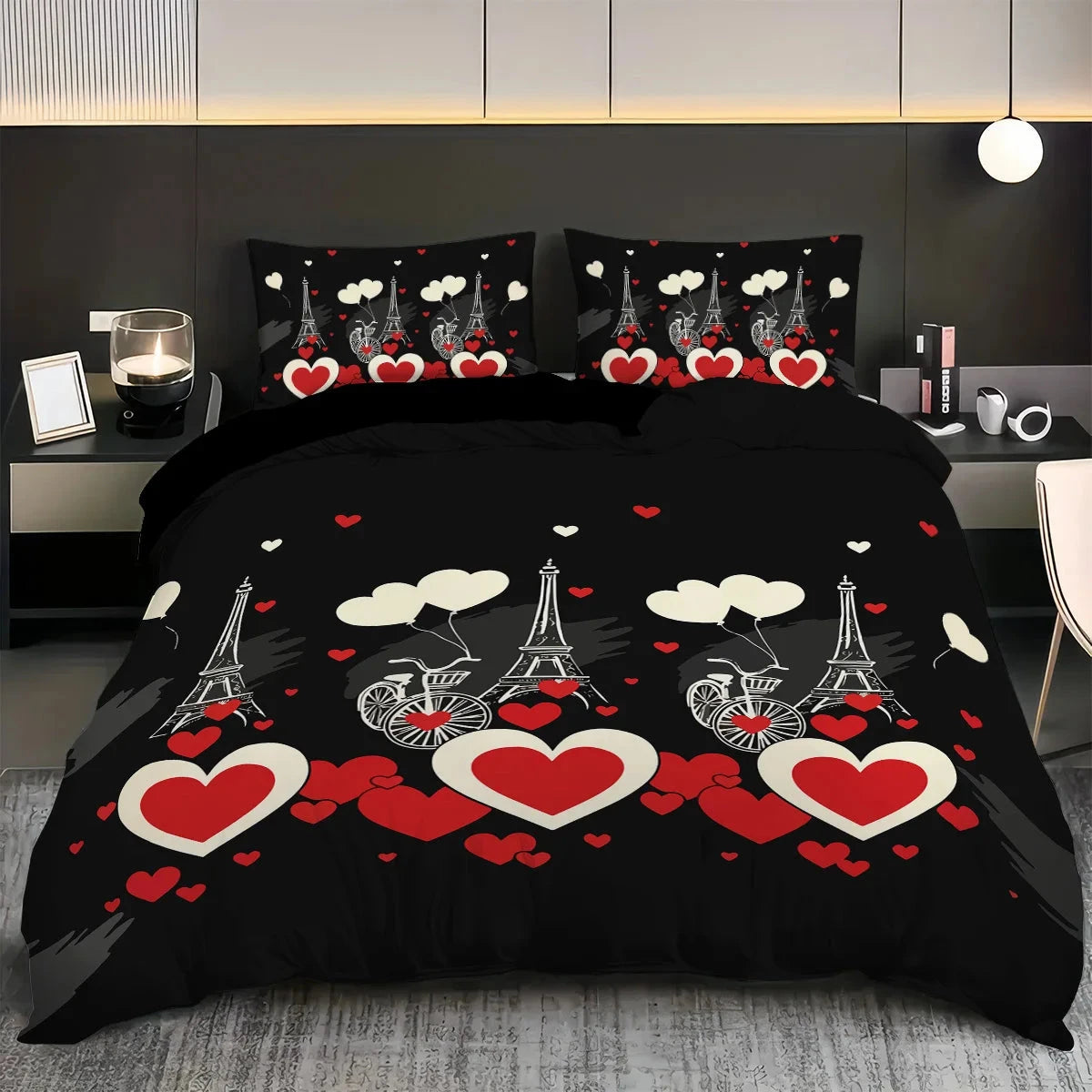 3pcs Heart pattern printed bedding set,1 quilt cover+2 pillowcase, suitable for couples and adults bedroom, home decoration - AMULET RING STORE